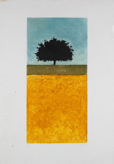 Paesaggio con albero, acquaforte acquatinta a colori