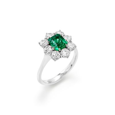 Anello in oro bianco 18k con smeraldo e diamanti
