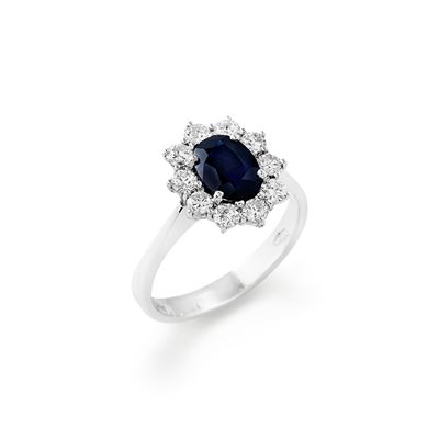 Anello in oro bianco 18k con zaffiro ovale e diamanti