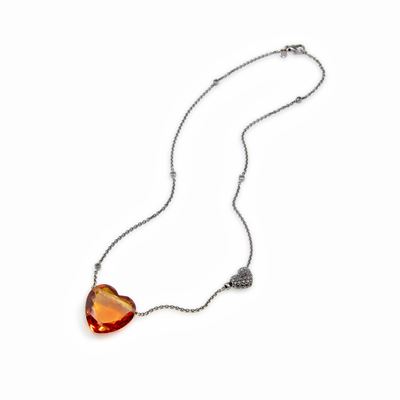 Collana con pendenti a cuore in oro brunito 18k con quarzo e diamanti neri