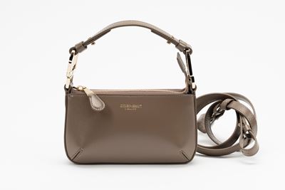 Mini bag in pelle greige con tracolla staccabile e dettagli in metallo dorato