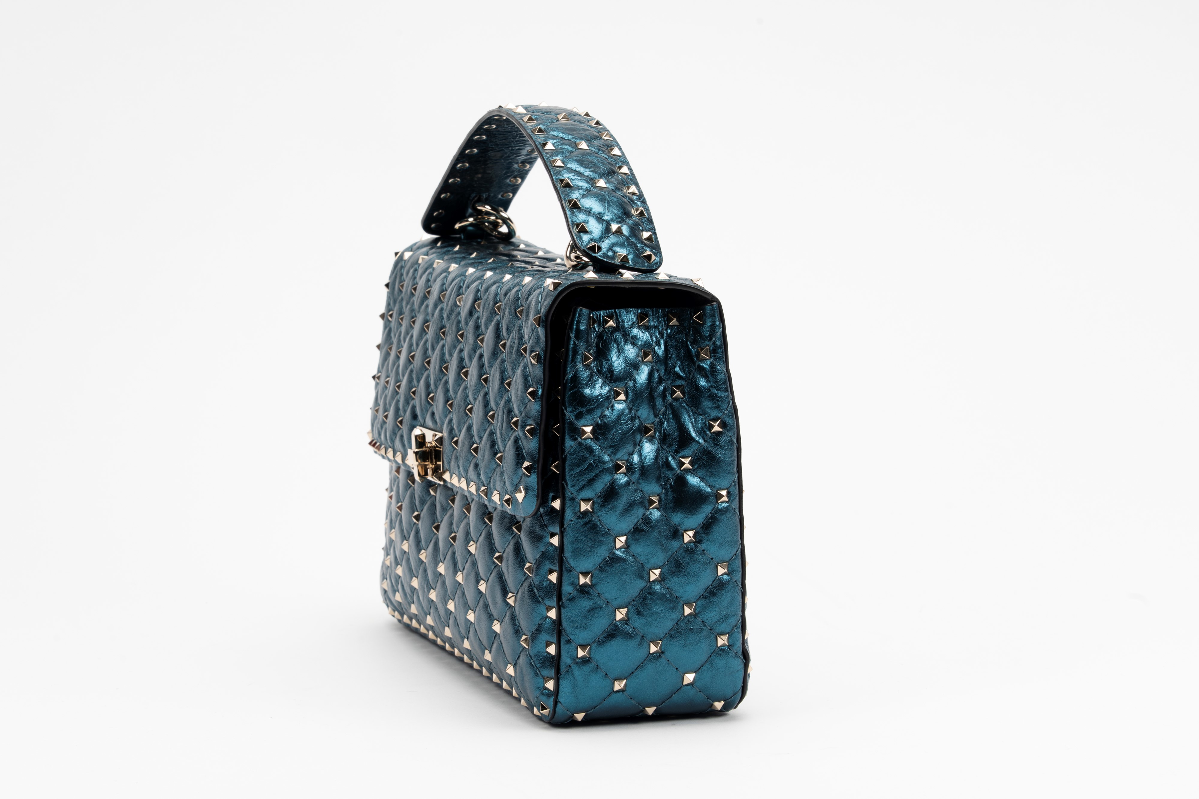 Valentino Garavani - Borsa Rockstud in pelle blu metallizzato