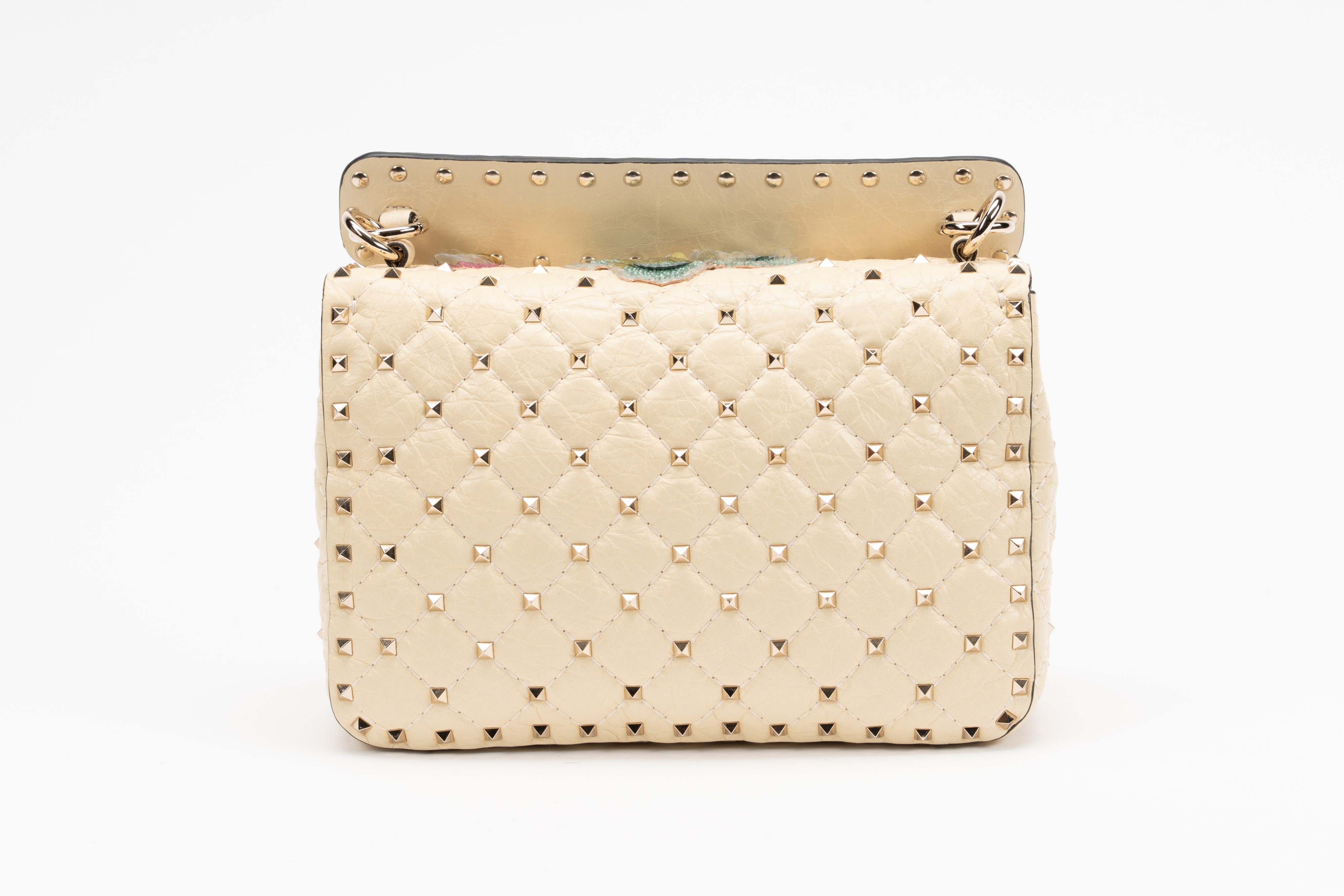 Valentino Garavani - Borsa Rockstud in pelle color crema con applicazioni ricamate
