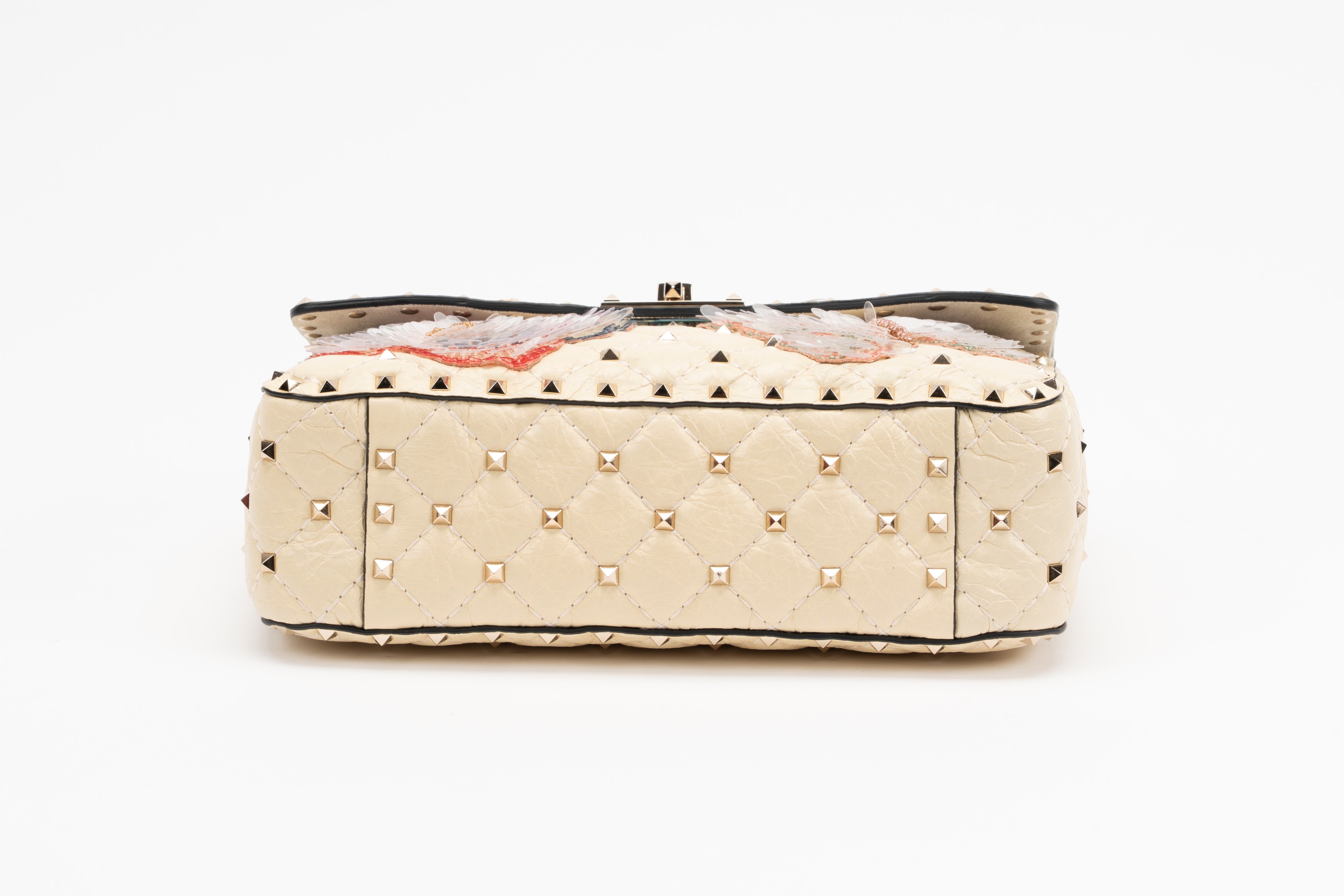 Valentino Garavani - Borsa Rockstud in pelle color crema con applicazioni ricamate