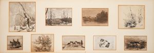 Eight drawings and one engraving, of different techniques and subjects, in a single frame
