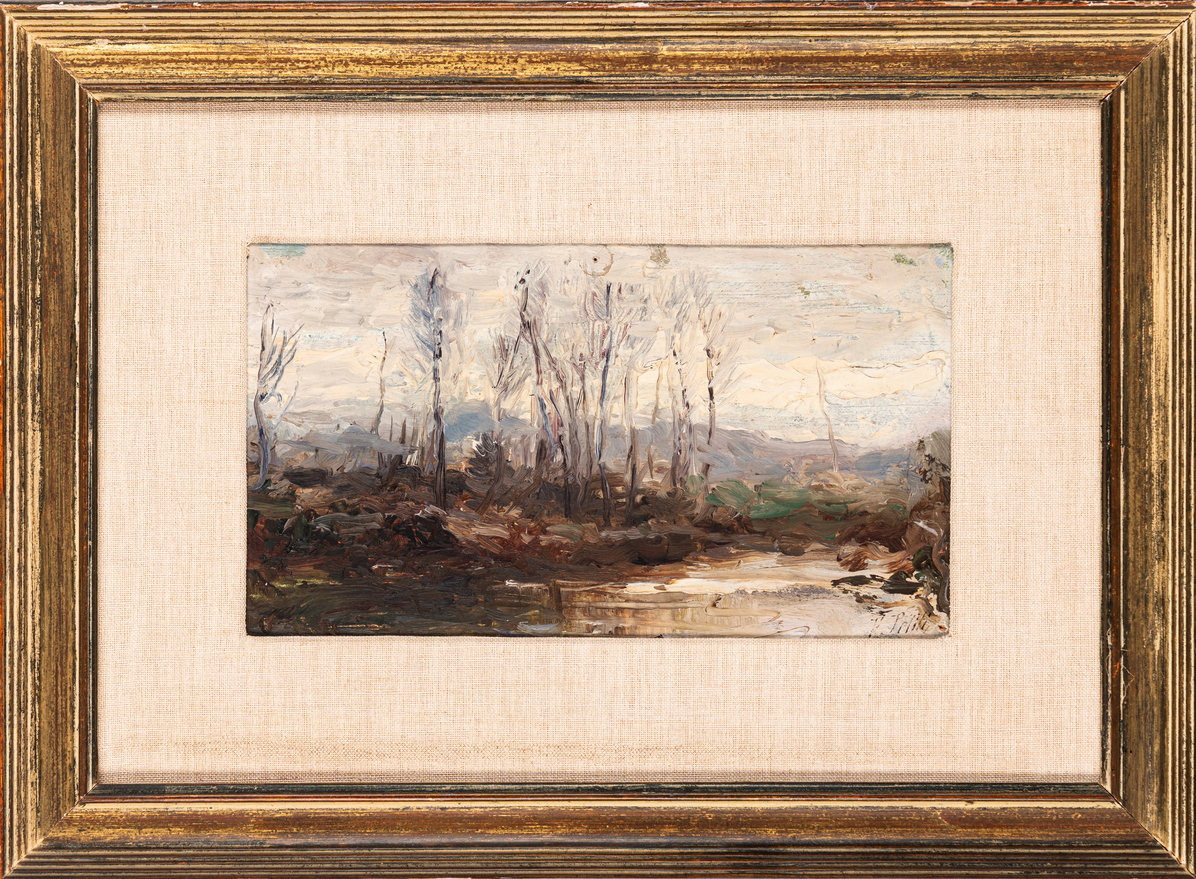 Filiberto Petiti - Paesaggio fluviale, olio su cartone (1915)