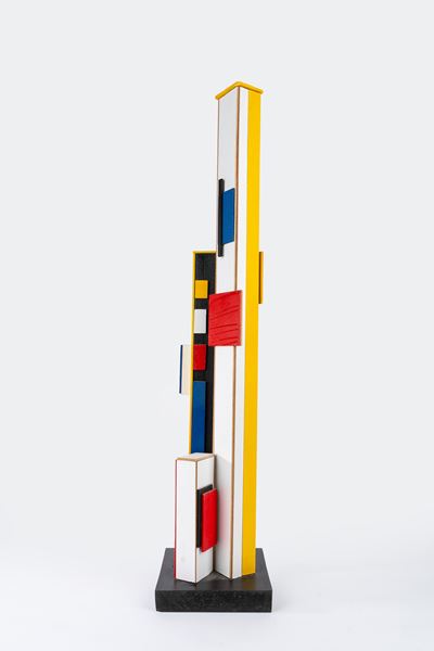 Opera n. 12 (legno, acrilico e collage), 2018