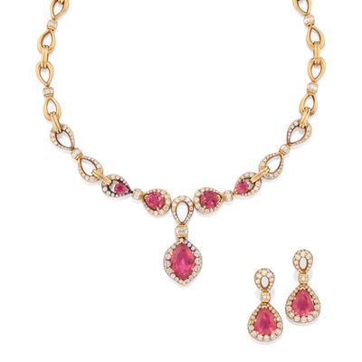 Demi-parure in oro giallo 18k con tormaline rosa e diamanti