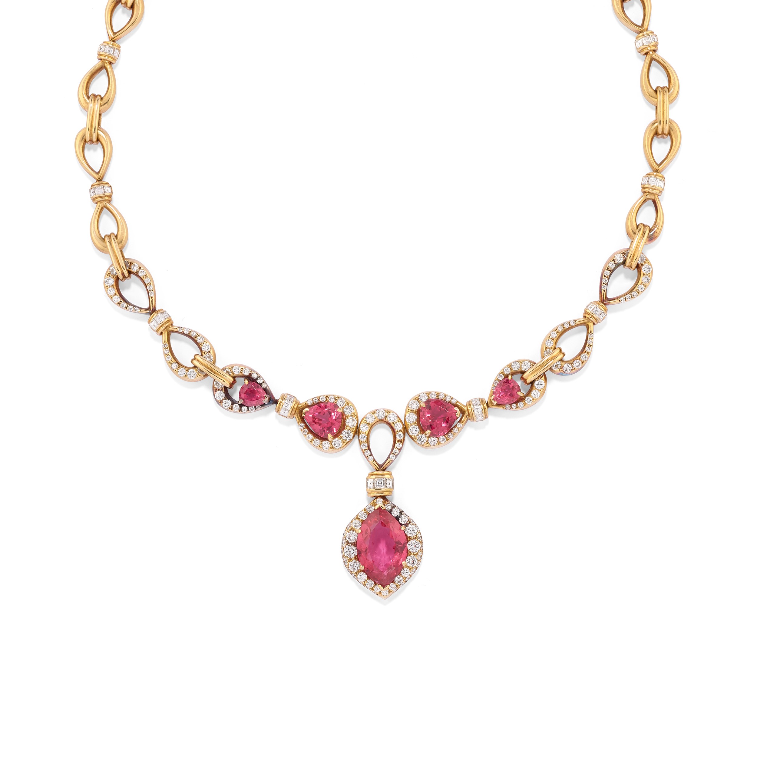 Demi-parure in oro giallo 18k con tormaline rosa e diamanti