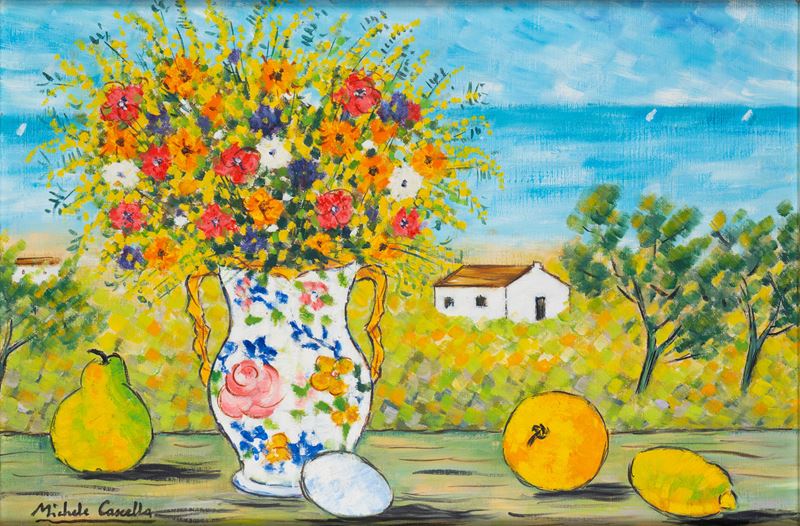 Vaso con fiori e frutta