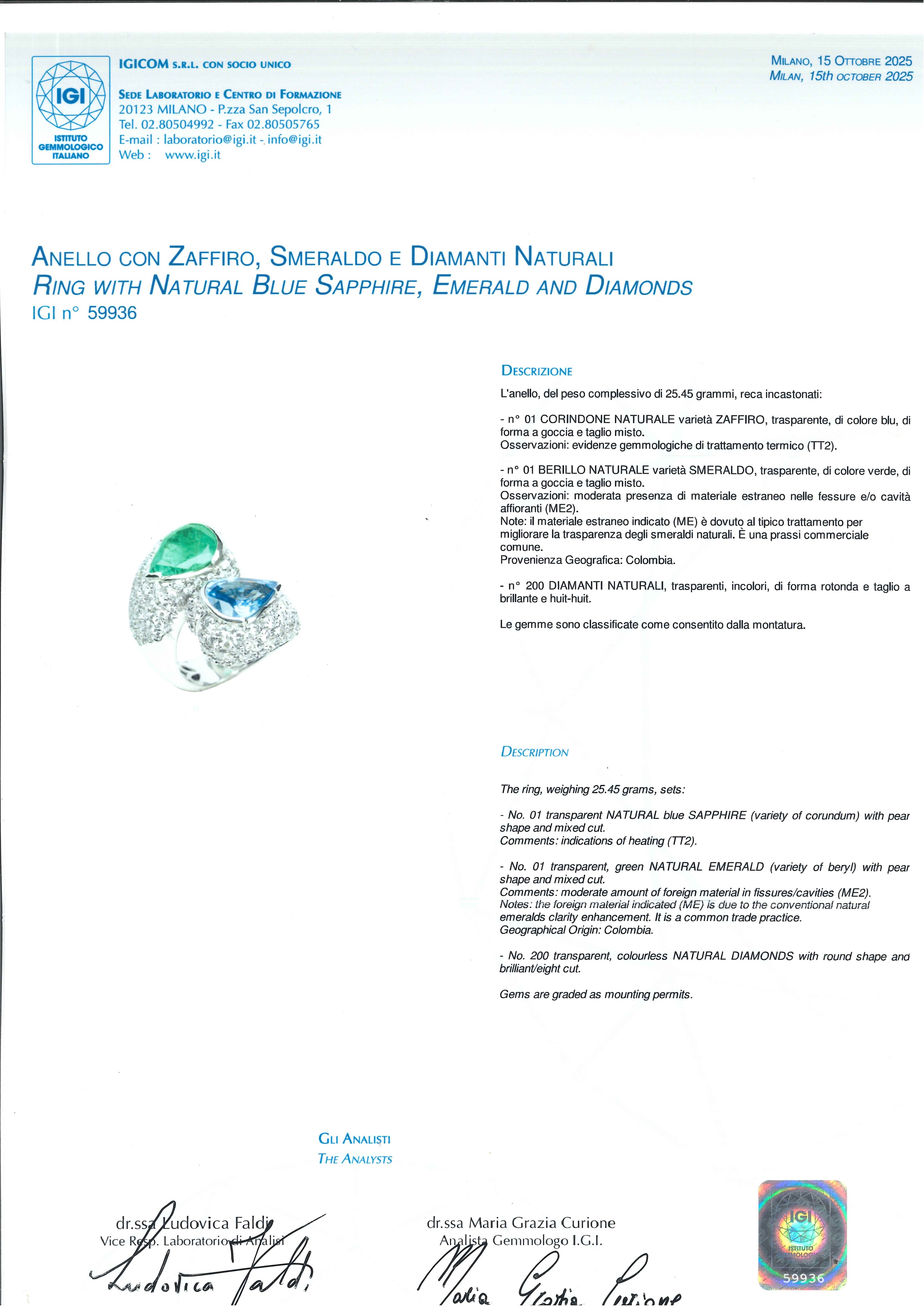 Anello con zaffiro e smeraldo Colombia