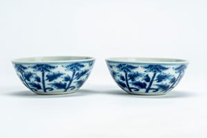 Pair of blue and white porcelain cups with WanShou mark, China, early 20th century