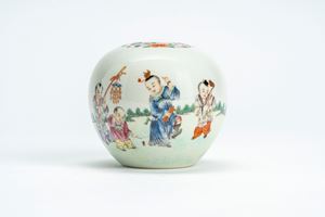 Polychrome-decorated white porcelain brush washer with children in landscape, bearing Jun Sheng Xing Xiang mark, China, Republic period (1912–1949)
