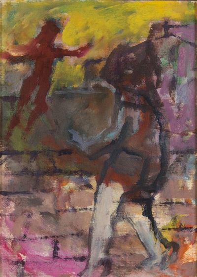 Figure e muro, olio su cartone