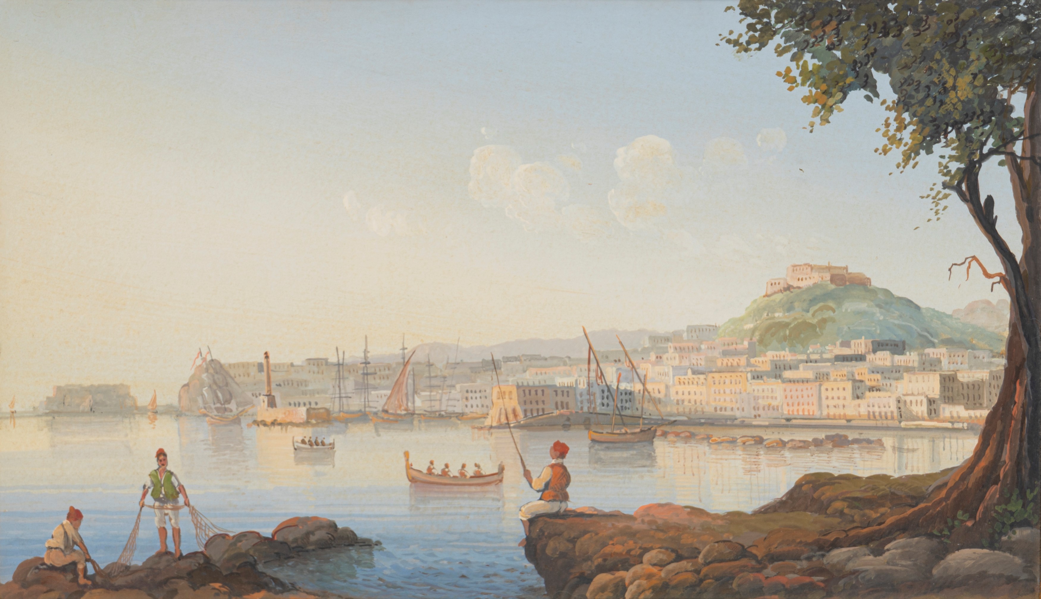 Scuola Napoletana del XX Secolo - Coppia di gouaches con veduta di Napoli e di Capri