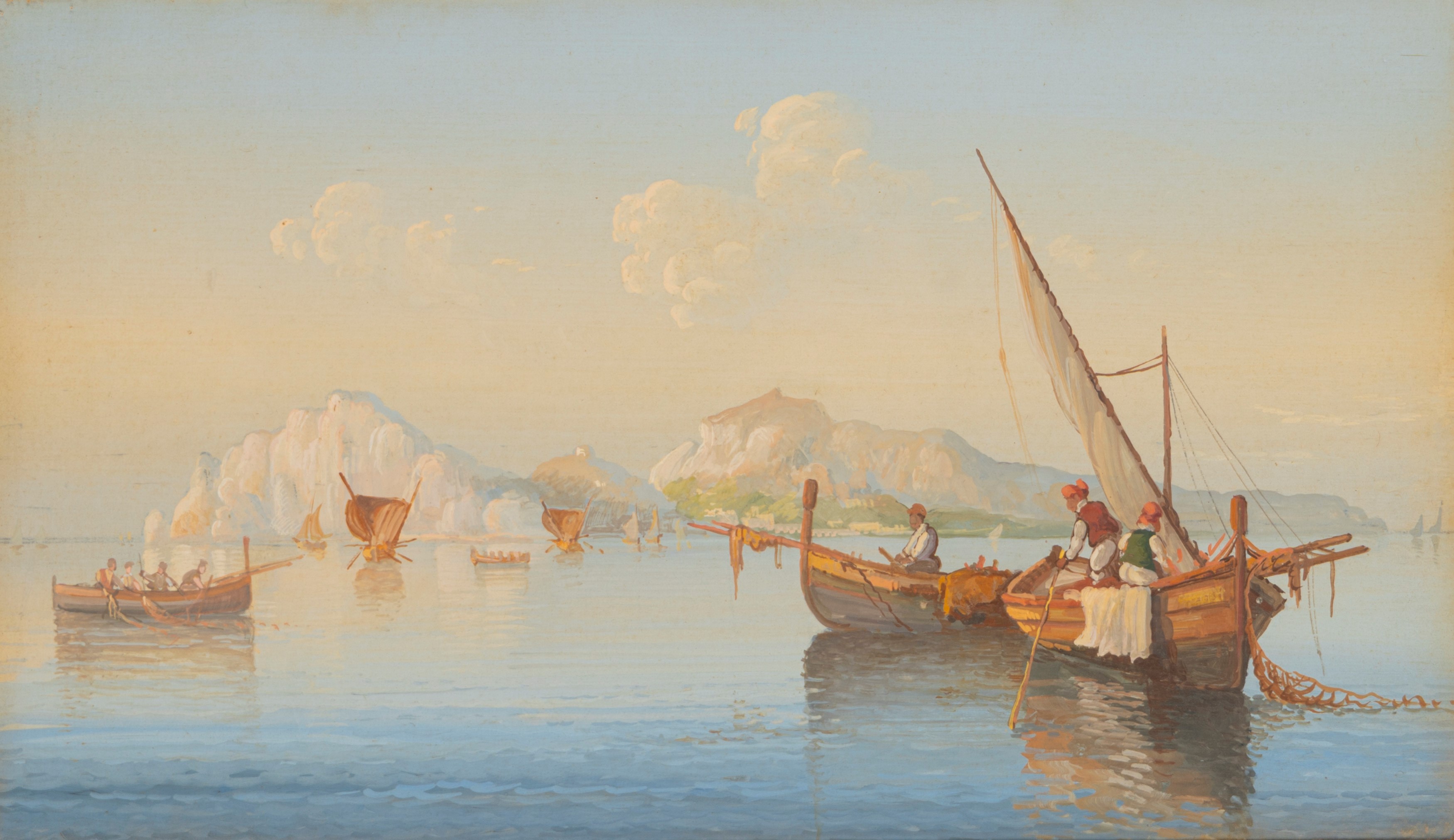 Scuola Napoletana del XX Secolo - Coppia di gouaches con veduta di Napoli e di Capri