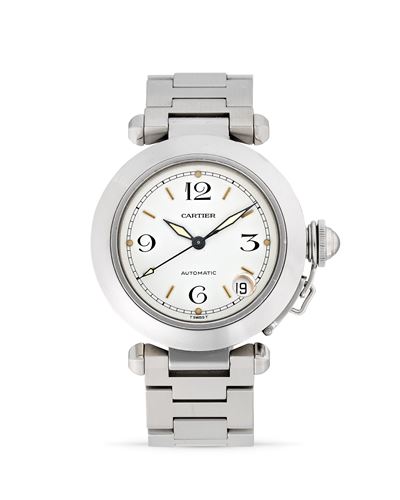 Pasha 2324, Cassa rotonda in acciaio con quadrante bianco e bracciale Cartier