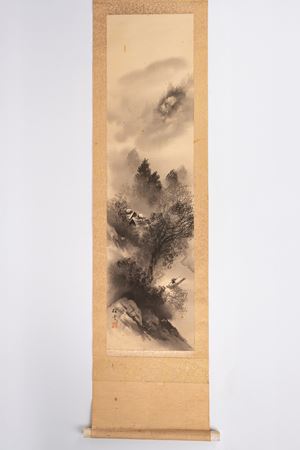 Scroll dipinto su seta raffigurante panorama invernale in monocromia, Cina, inizi secolo XX