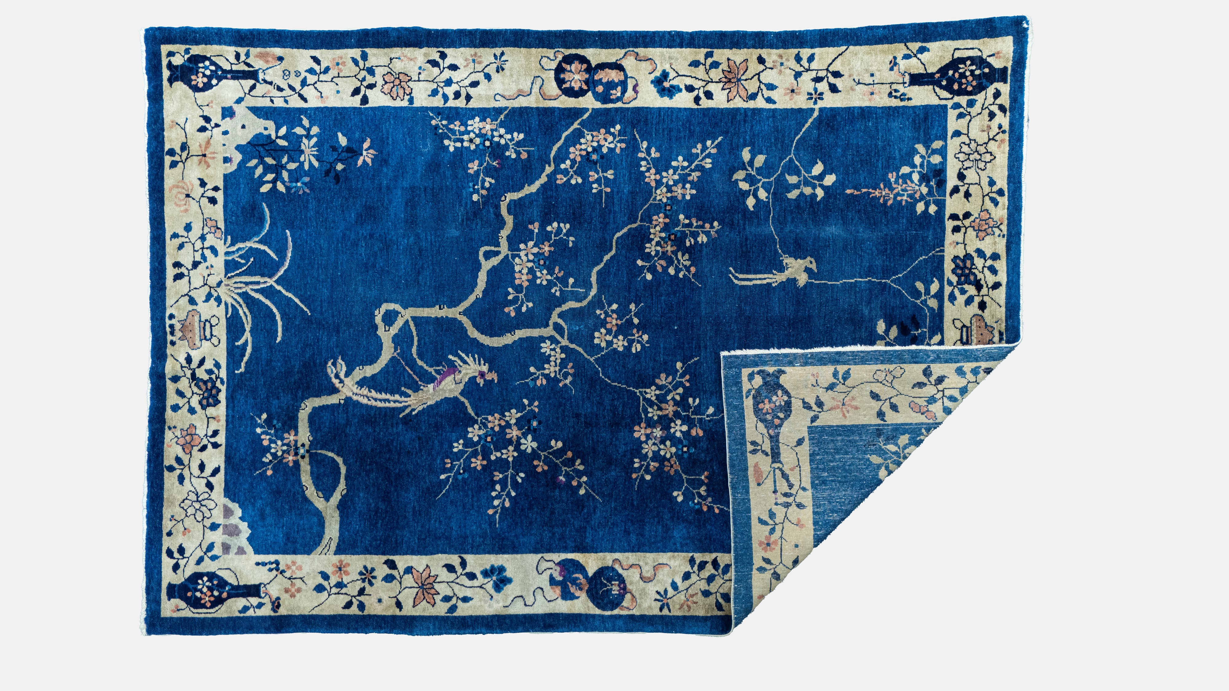 Tappeto Pechino, fondo blu con ramo fiorito e volatile, cm 260x180