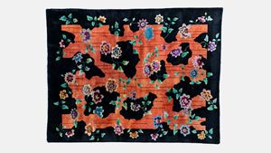 Art Deco carpet with black ground, multicolored flowers and bark motif. China, circa 1940