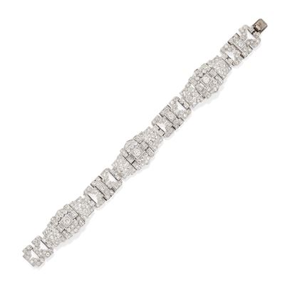 Bracciale, oro bianco 18k con diamanti taglio vecchio, brillante, huit-huit e baguette