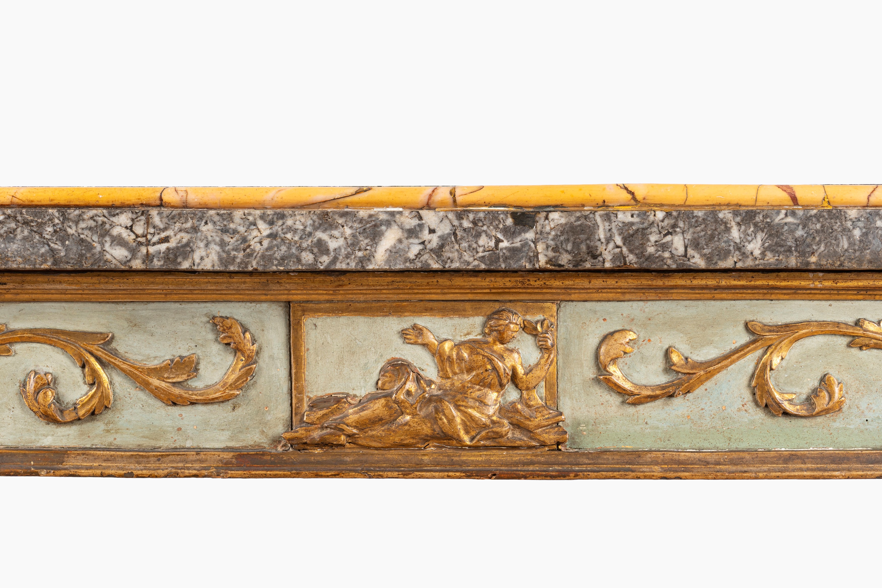 Console Luigi XVI in legno laccato e dorato con gambe scanalate e rastremate, fascia a rosette, v...