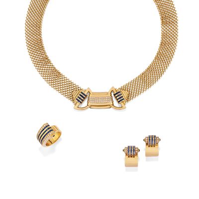Parure in oro giallo 18k con zaffiri taglio carré e diamanti taglio brillante