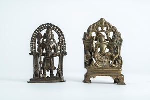Two small brass figures, one depicting Shiva and Parvati seated on a base with shaped feet and the other depicting Vishnu, India, 19th century