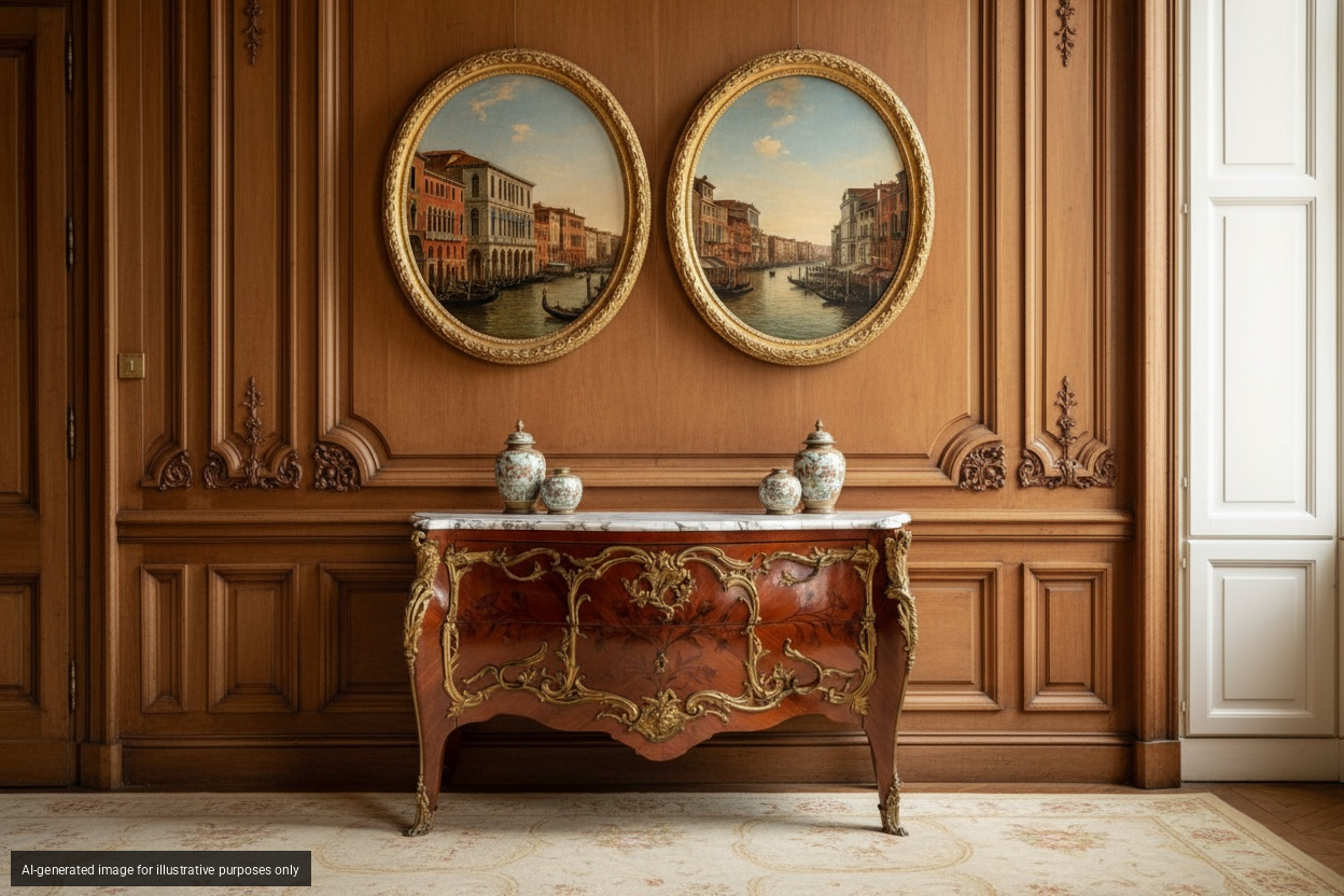 Commode di gusto francese Luigi XV di forma mossa e bombata impiallacciata e intarsiata a motivi ...