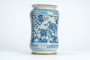 Maiolica albarello with “calligraphic naturalistic” cobalt-blue decoration of wild animals in a stylized landscape. Ligurian manufacture, late 18th century