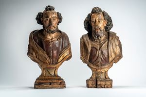 Due busti su basi a plinto in legno intagliato e dipinto raffiguranti San Filippo e San Simone, secolo XVIII-XIX