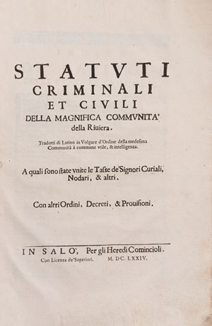 Statuti criminali et civili della magnifica communità della Riviera