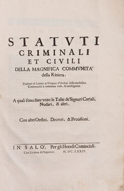 Statuti criminali et civili della magnifica communità della Riviera, 1674