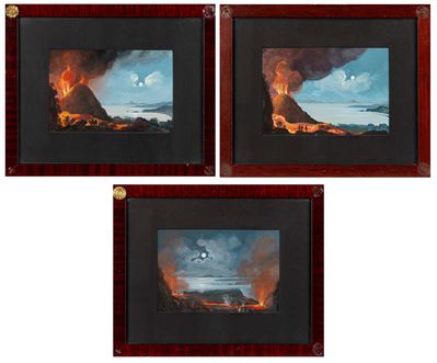 Autore ignoto, Tre notturni con Vesuvio in eruzione, gouache su cartoncino