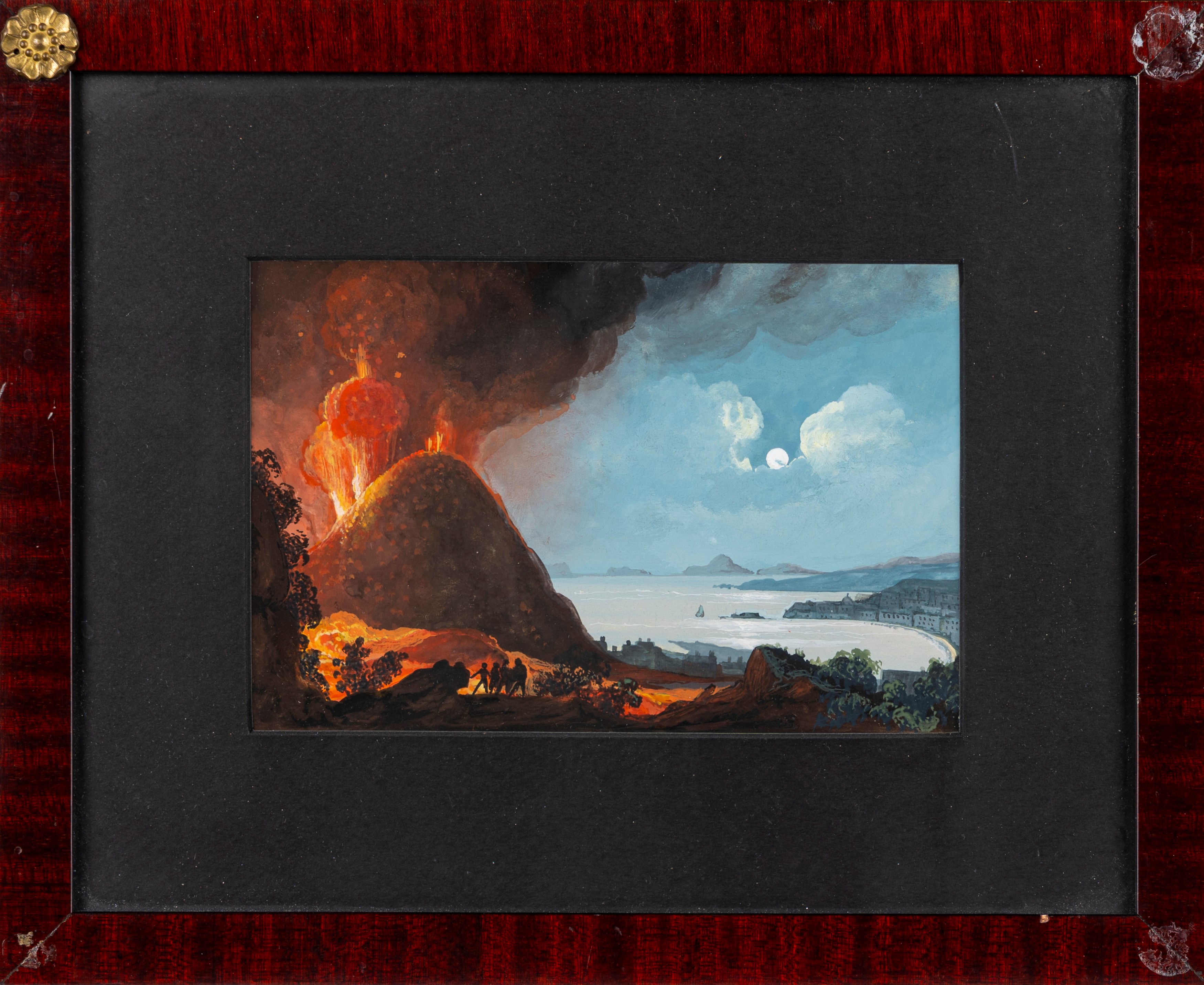 Scuola Napoletana Prima Metà del XX Secolo - Autore ignoto, Tre notturni con Vesuvio in eruzione,...