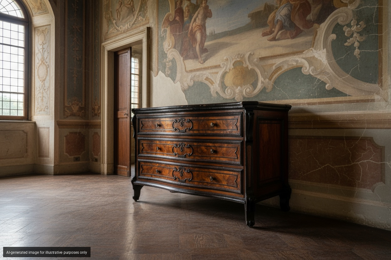 Antico cassettone lombardo lastronato in noce e radica di noce con fronte mosso a tre cassetti pr...