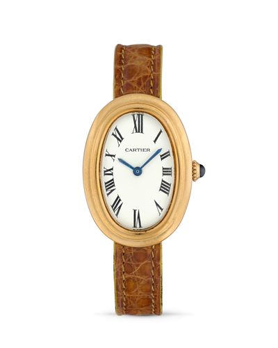 Orologio Baignoire, cassa ellittica in oro 18k con quadrante bianco e movimento a carica manuale