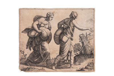 Due donne con sacco, incisione a bulino del 1560