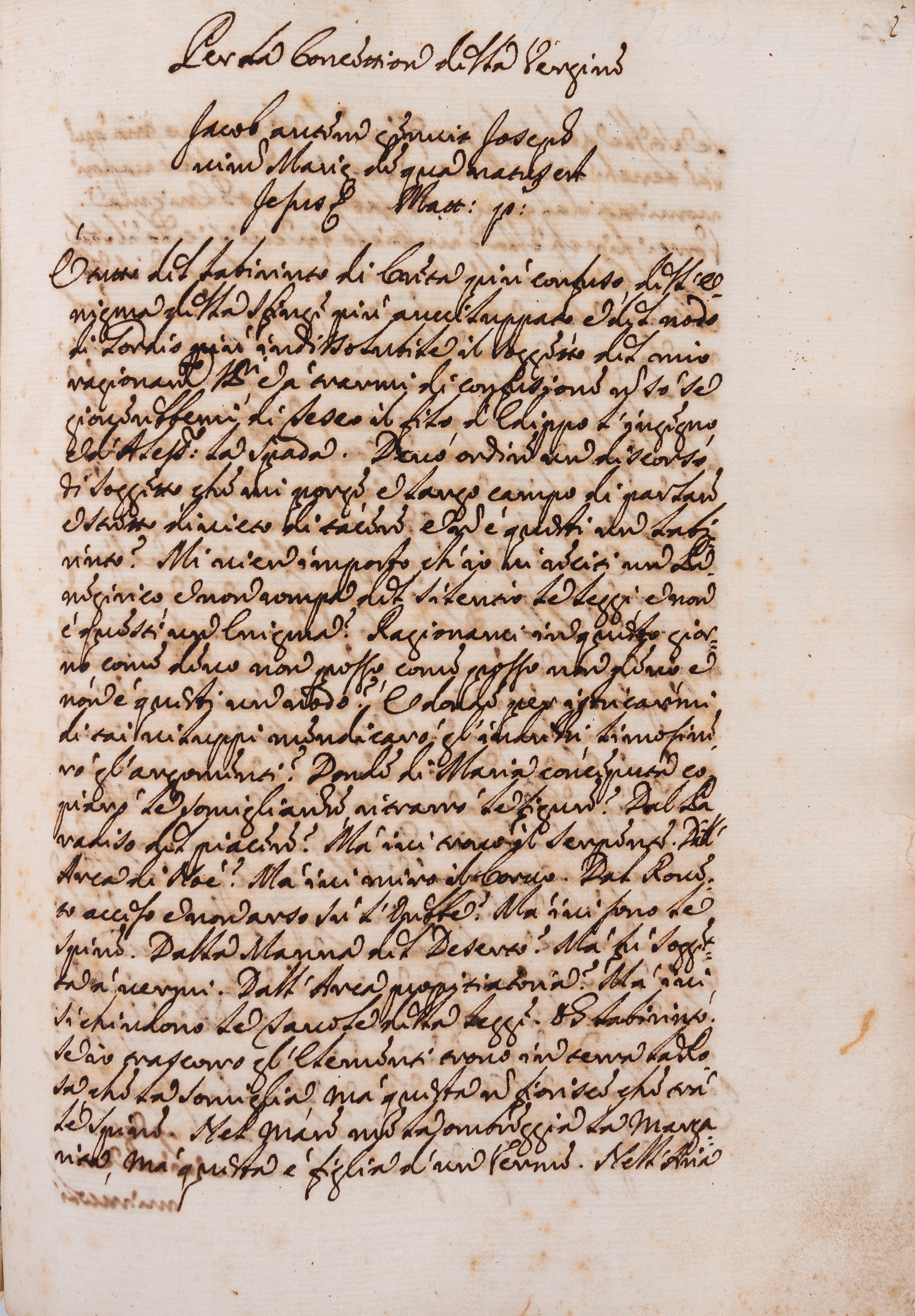 Manoscritto di un panegirico, Per la benedizione della Vergine, 1740