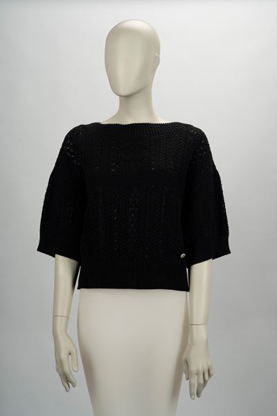 Maglia in cotone blu notte, decoro a traforo, taglia 42