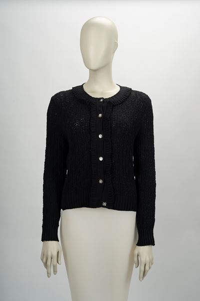 Cardigan a manica lunga in cotone con volant neri