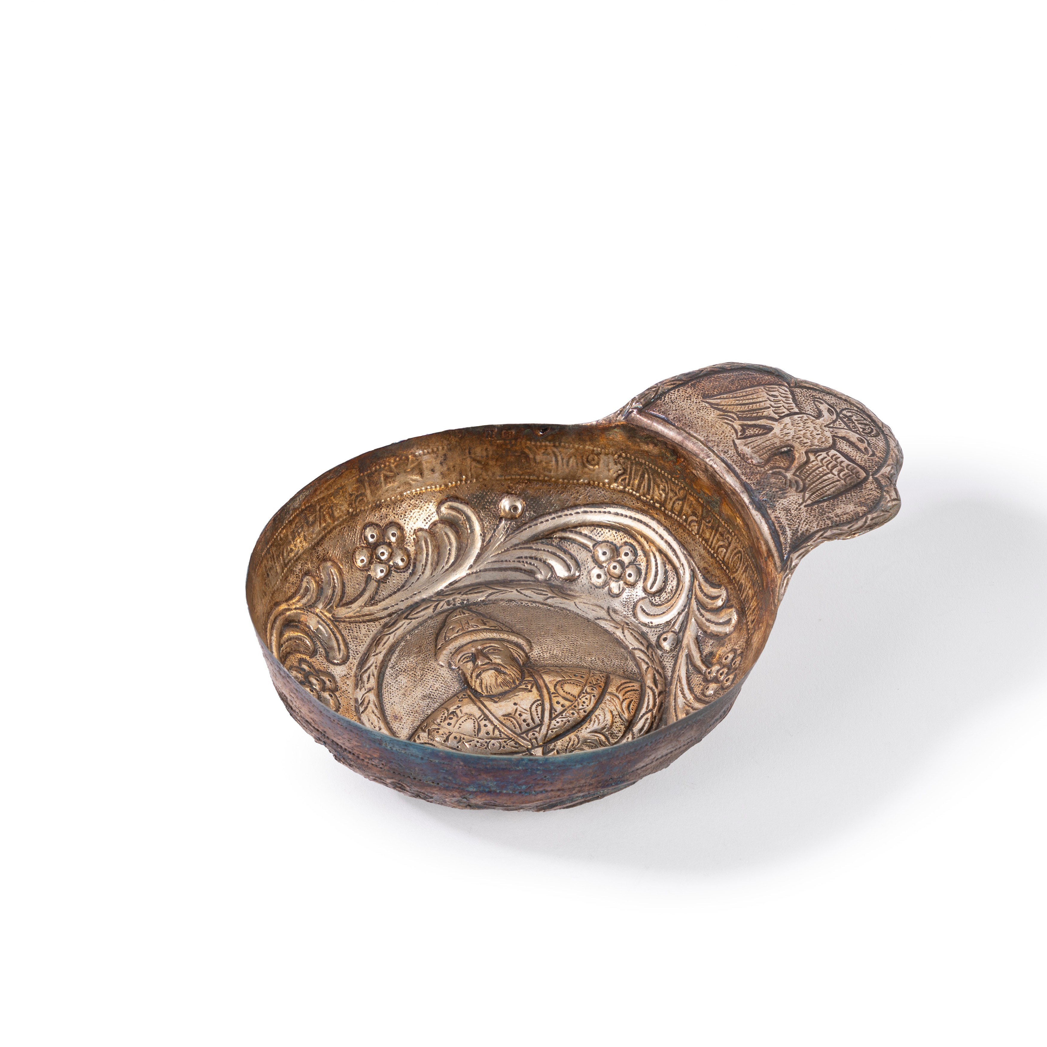 Kovsh, mestolo in argento con ritratto di Zar Aleksej Michajlovič Romanov, Russia, secolo XIX