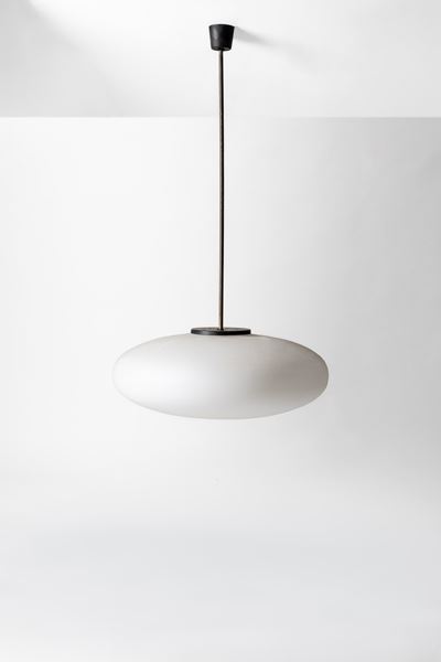 Lampada a sospensione in vetro e metallo, circa 1950