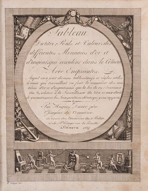 Tableau du titre, poids et valeur, des differentes monnaies d&#39;or et d&#39;argent