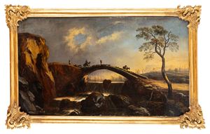 Paesaggio con ponte di pietra e viandanti