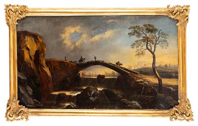 Paesaggio con ponte di pietra e viandanti, olio su tela