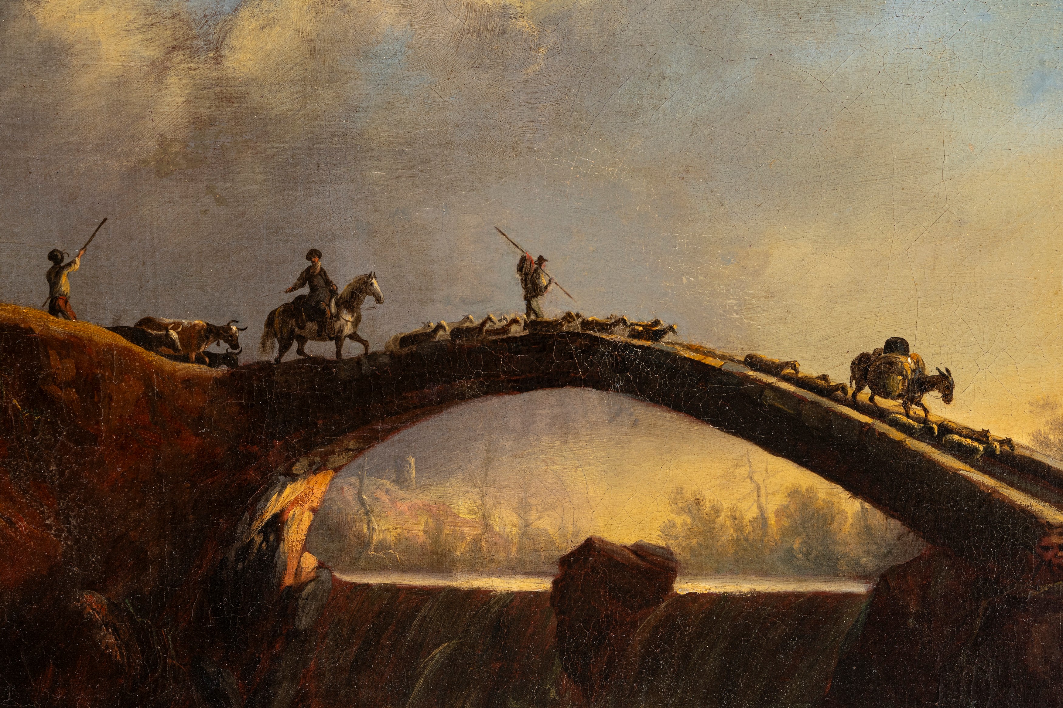 Hans De Jode - Paesaggio con ponte di pietra e viandanti, olio su tela