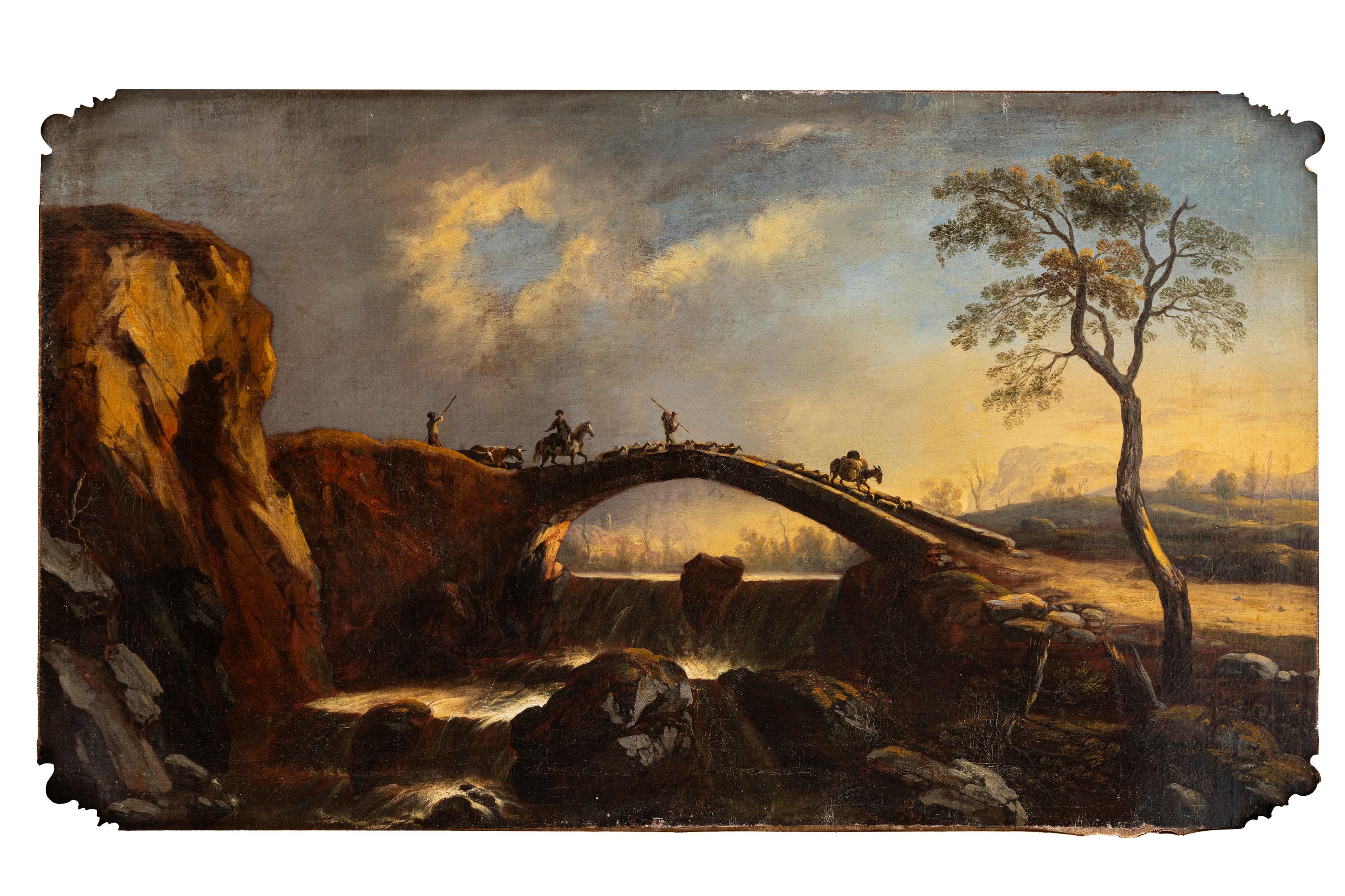 Hans De Jode - Paesaggio con ponte di pietra e viandanti, olio su tela