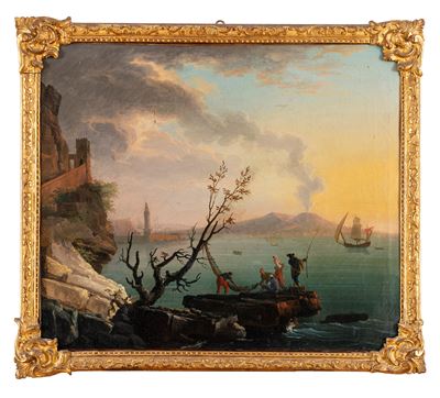Veduta del Golfo di Napoli con pescatori, olio su tela