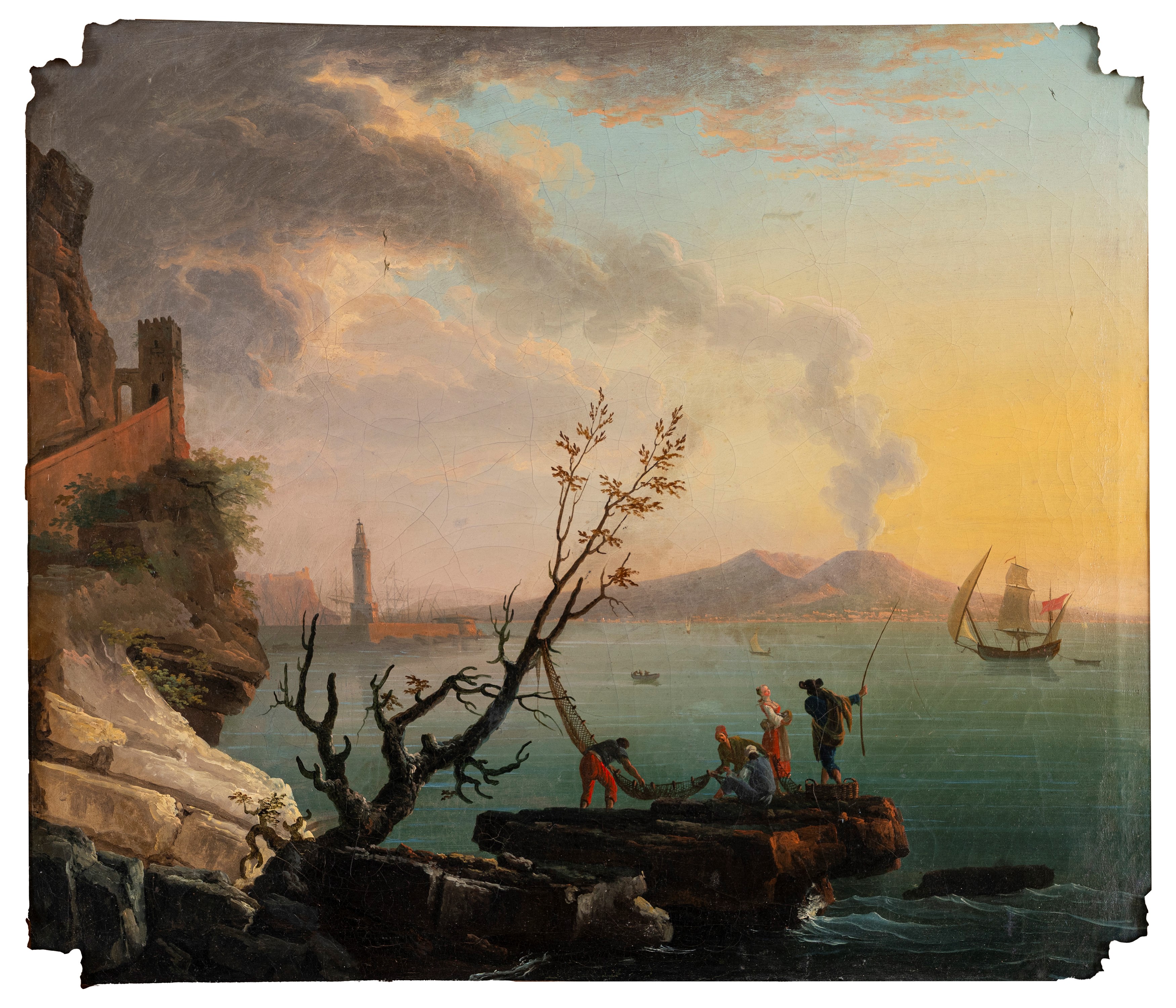 Francesco Fidanza (roma 1747 – Milano 1819) - Veduta del Golfo di Napoli con pescatori, olio su t...